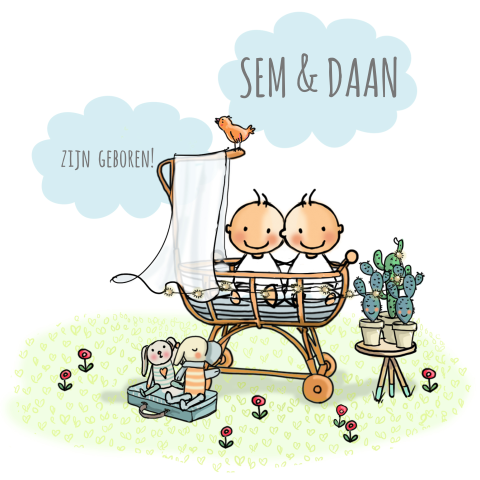 Leuk schattig geboortekaartje geillustreerd tweeling in wiegje