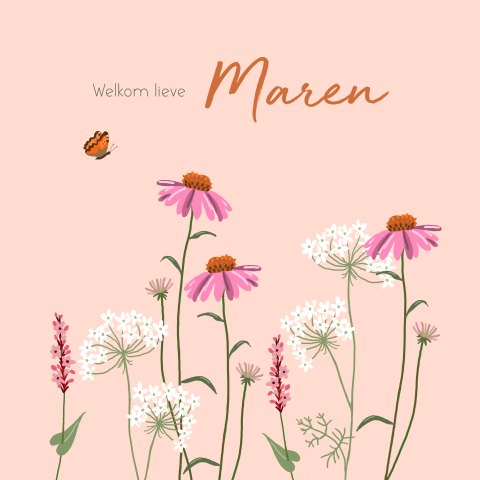 Geboortekaartje meisje bloemen en vlinder