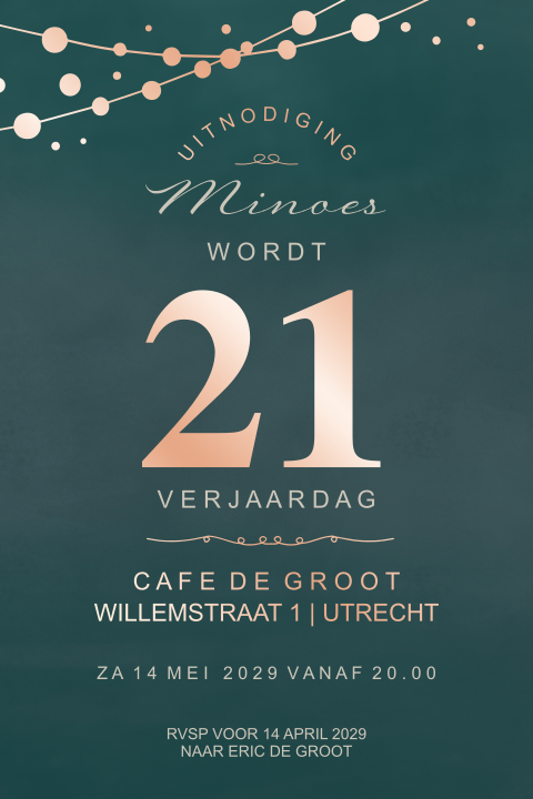 Uitnodiging 21ste verjaardag groen en foliedruk