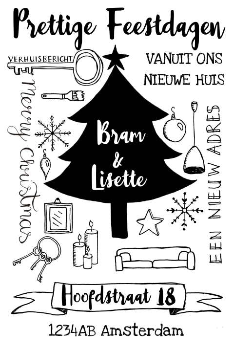 Kerstkaart verhuiskaart zwartwit handlettering kerstboom