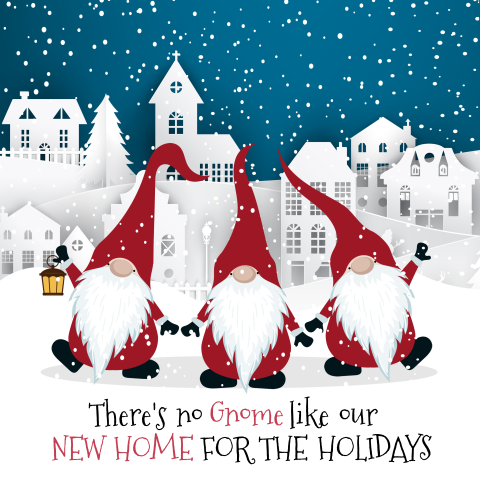 Kerst verhuiskaart met kerstmannetjes in de sneeuw