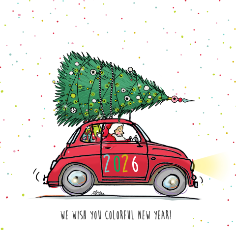 Leuke kleurrijke kerstkaart met een Fiat 500