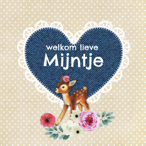 Retro Geboortekaartje meisje met hertje en bloemen