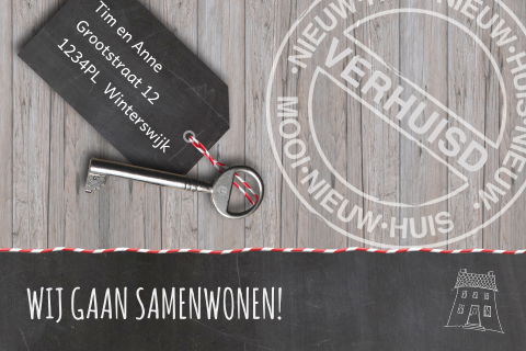 Trendy hippe samenwonen verhuiskaart in krtijbord look