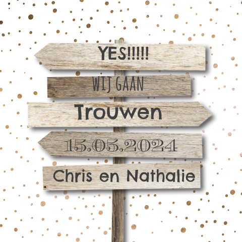 Hippe bruiloft uitnodiging koperen confetti en houten wegwijzer