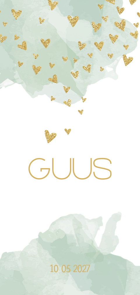 Geboortekaartje jongen groene waterverf hartjesregen goudkleurig