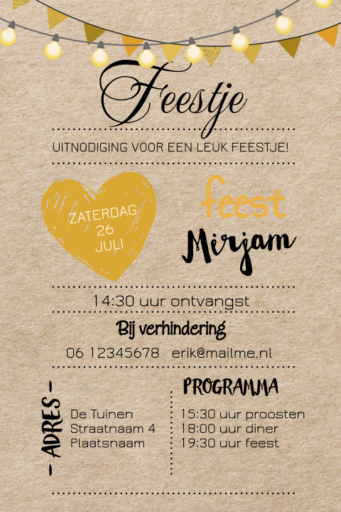 Uitnodiging voor een feestje op karton met lichtslinger