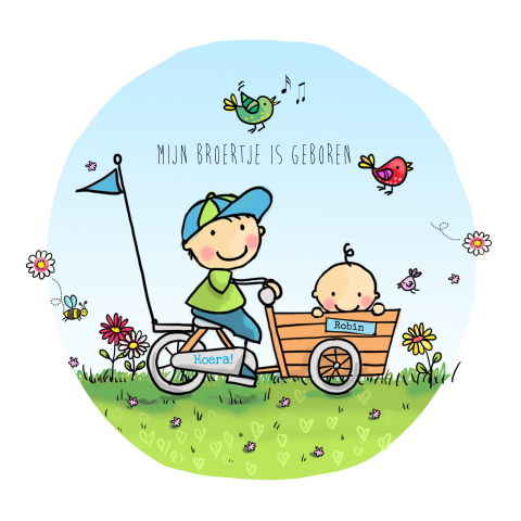 Getekende geboortekaart 2e kind met broertje in bakfiets