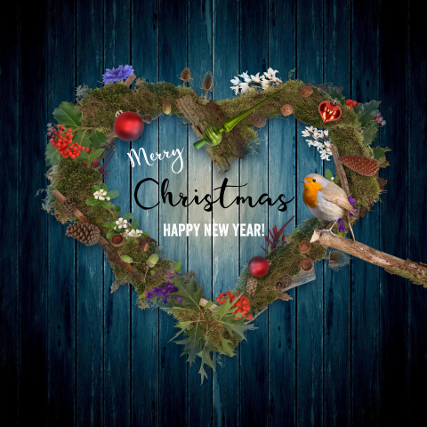 Kerstkaart sfeervolle feestdagen hart van bloemen en mos