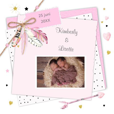 Geboortekaartje tweeling veertjes