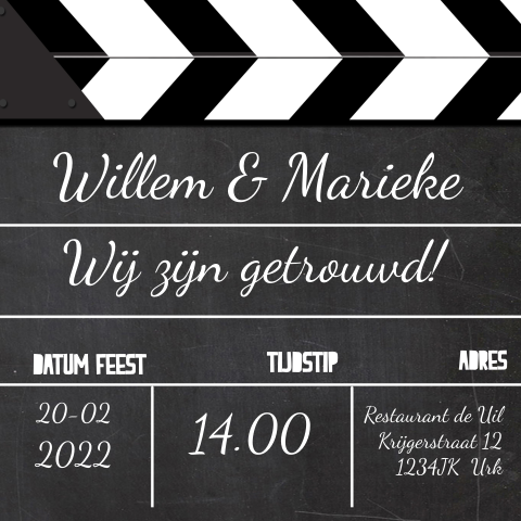 Leuke trouwkaart wij zijn getrouwd met filmklapper