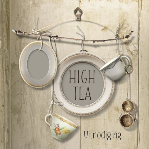 Hight Tea uitnodiging met houten achtergrond