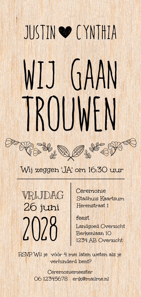 Hippe houten trouwkaart in typografie stijl op echt hout