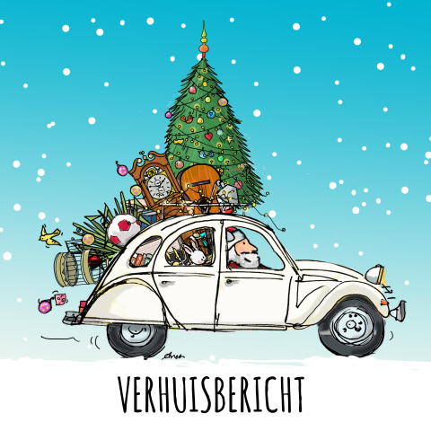 Getekende combi kerst verhuiskaart van citroen eend 2cv 