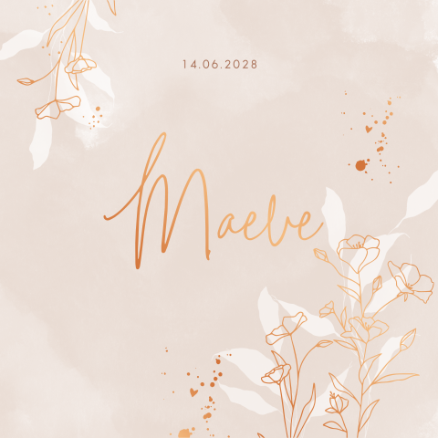 Geboortekaartje meisjes takjes met bloem met koperfolie