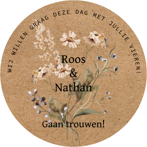 Ronde trouwkaart avondfeest met bloemen