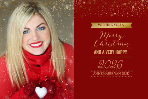 Kerstkaart foto sterren tekst goud rood