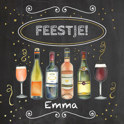 Uitnodiging feestje met afbeeldingen verschillende flessen wijn