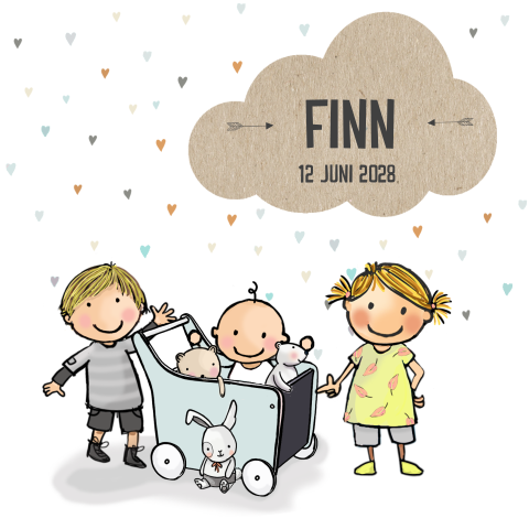 Geboortekaartje derde kindje met zus en broer