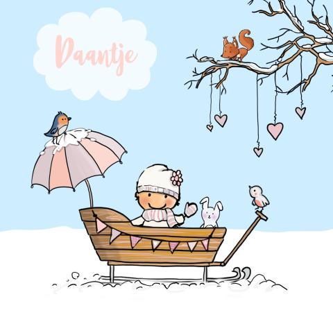 Geboortekaartje meisje in slee winter periode seizoen