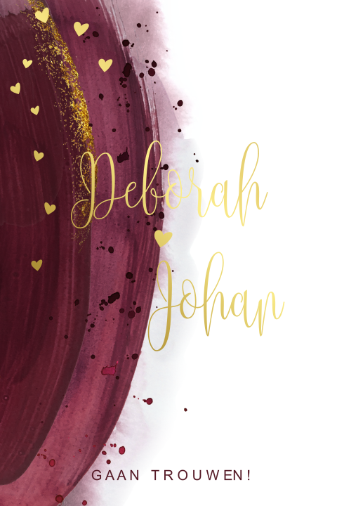 Waterverf trouwkaart met gouden hartjes en glitter