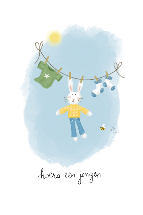 Wenskaart hoera een jongen konijn