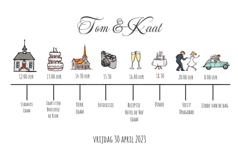 Hippe trouwkaart tijdlijn met icoontjes en illustraties