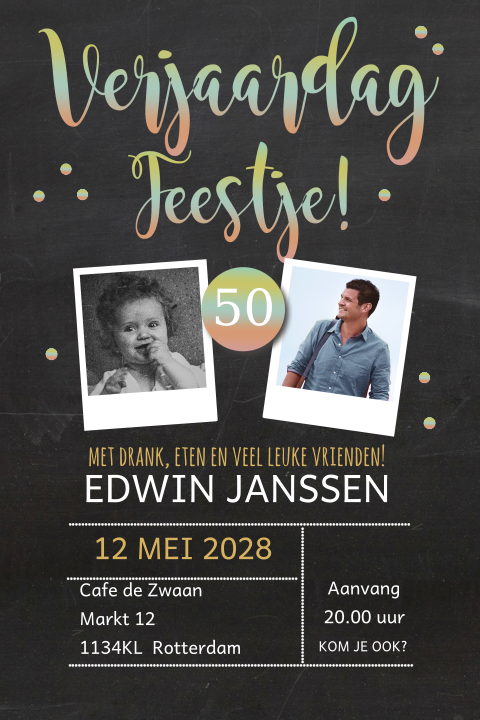 Uitnodiging feestje 50 jaar kleurde letters