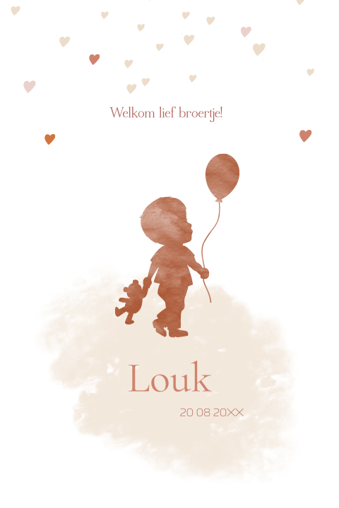 Lief silhouet geboortekaartje met aquarel zoontje hartjes confetti