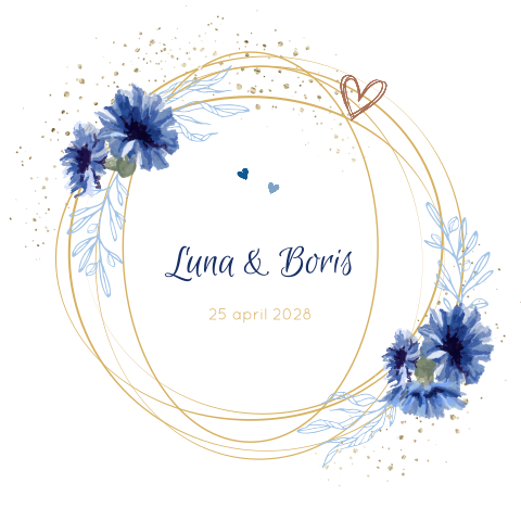 Een prachtige trouwkaart met korenbloemen en ringen