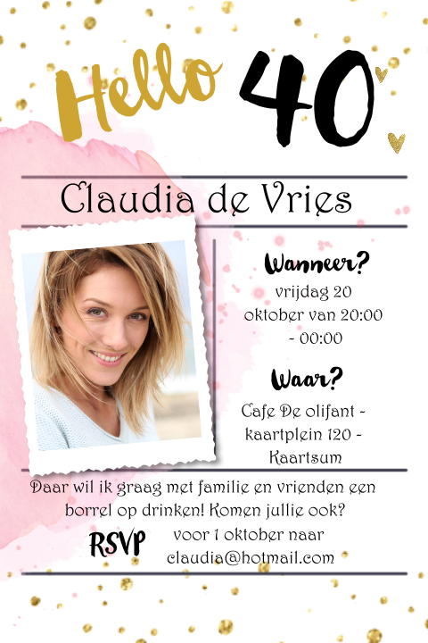 Uitnodiging verjaardag 40 jaar vrouw met roze confetti en typografie