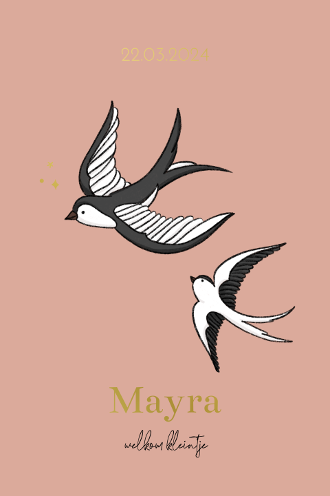 Geboortekaartje meisje zwaluwen goudfolie