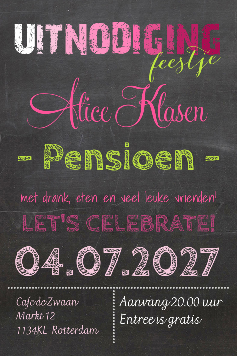 Uitnodiging pensioen in krijtbord met roze en groene typografie