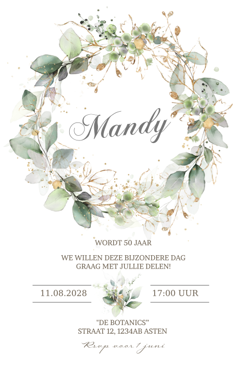 Uitnodiging voor een 50e verjaardag bohemian roze bloemen en goud