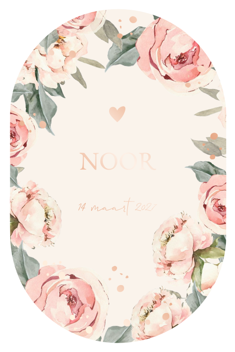 Ovaal geboortekaartje voor een meisje met roze rozen