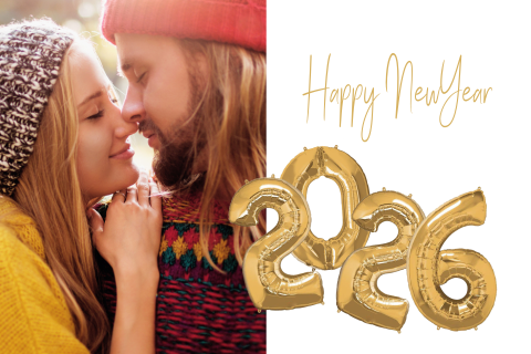 Nieuwjaarskaart jaartal ballonnen goud en eigen foto