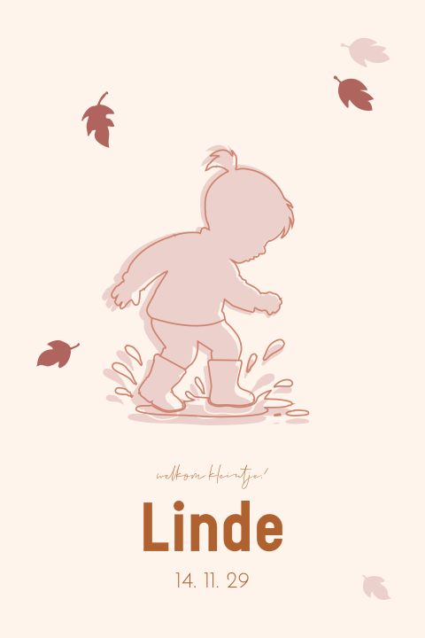 Geboortekaartje meisje plassen stampen herfst lijntekening silhouet