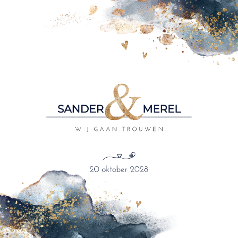 Trouwkaart met blauwe waterverf en goud look glitter