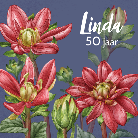 Uitnodiging verjaardag 50 jaar vrouw met kleurrijke Dahlia bloemen