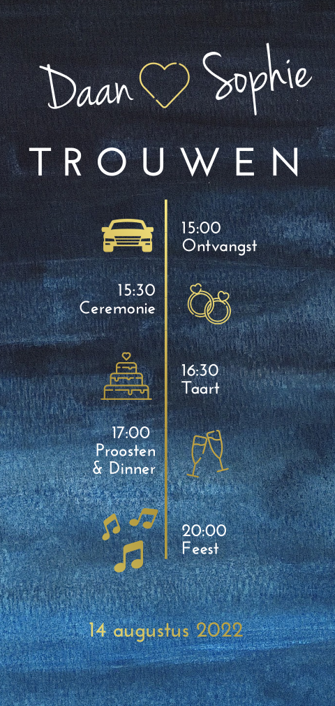 Tijdlijn trouwkaart met foliedruk en waterverf blauw