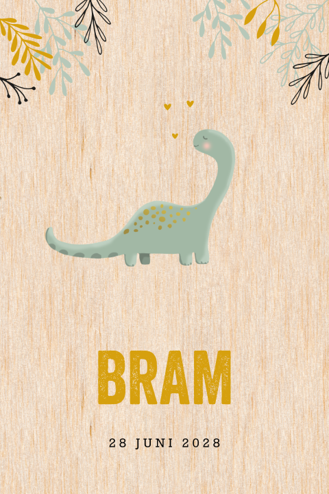 Hip echt houten geboortekaartje voor een jongen met dino