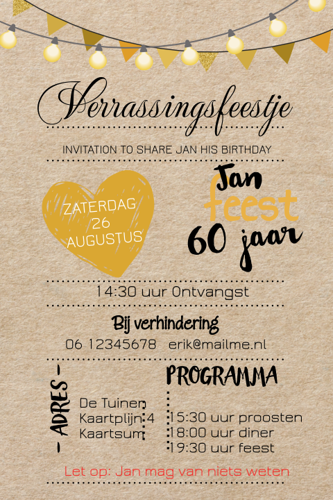 Uitnodiging Verrassingsfeestje op karton met lichtslinger