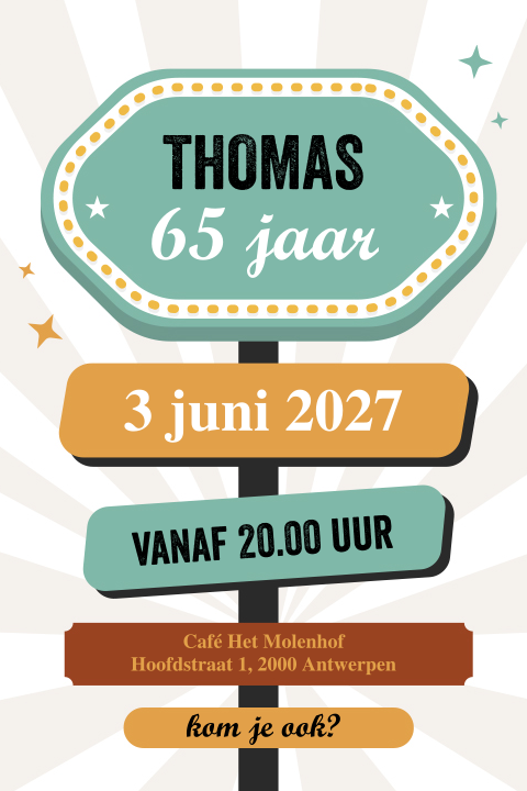 Uitnodiging 65ste verjaardag met bordjes
