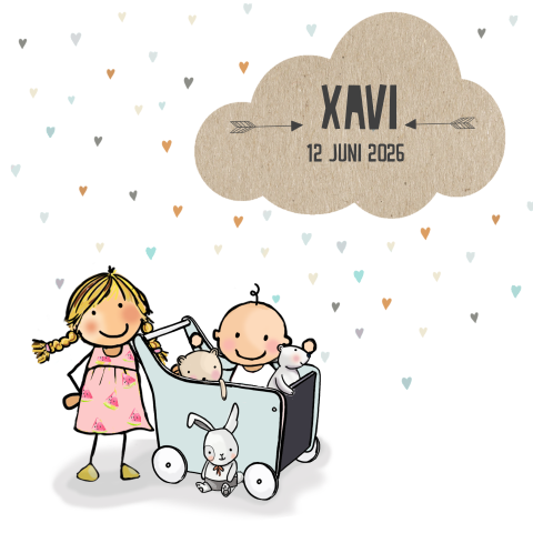 Geboortekaartje 2de kindje  jongen met zus met knuffels