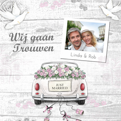 Retro trouwkaart met foto en trouwauto