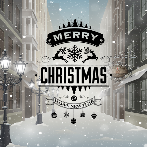 Winterse kerstkaart met sneeuw in een stadje