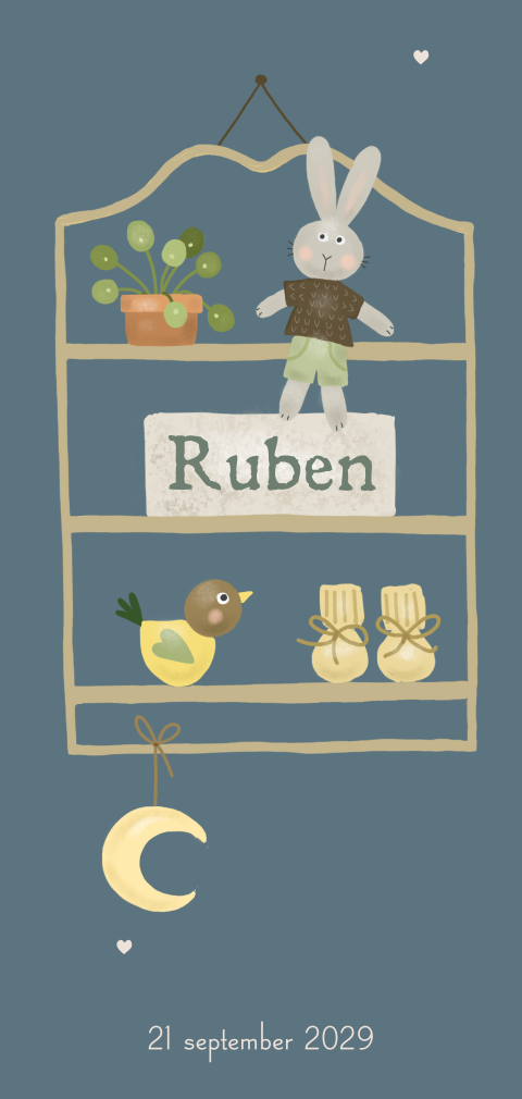 Geboortekaartje jongen speelgoedrek met knuffel konijntje