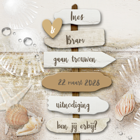 Trouwkaart zee en strand thema wegwijsborden