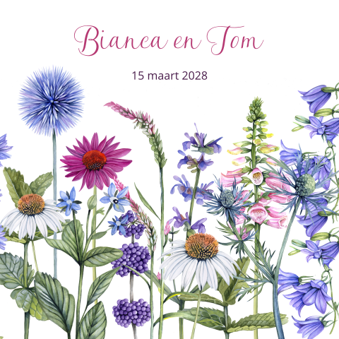 Trouwkaart met wilde bloemen gemaakt in watercolor