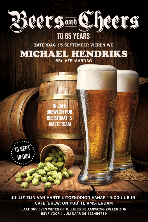 Uitnodiging 65e verjaardag feest man bier en houten vat